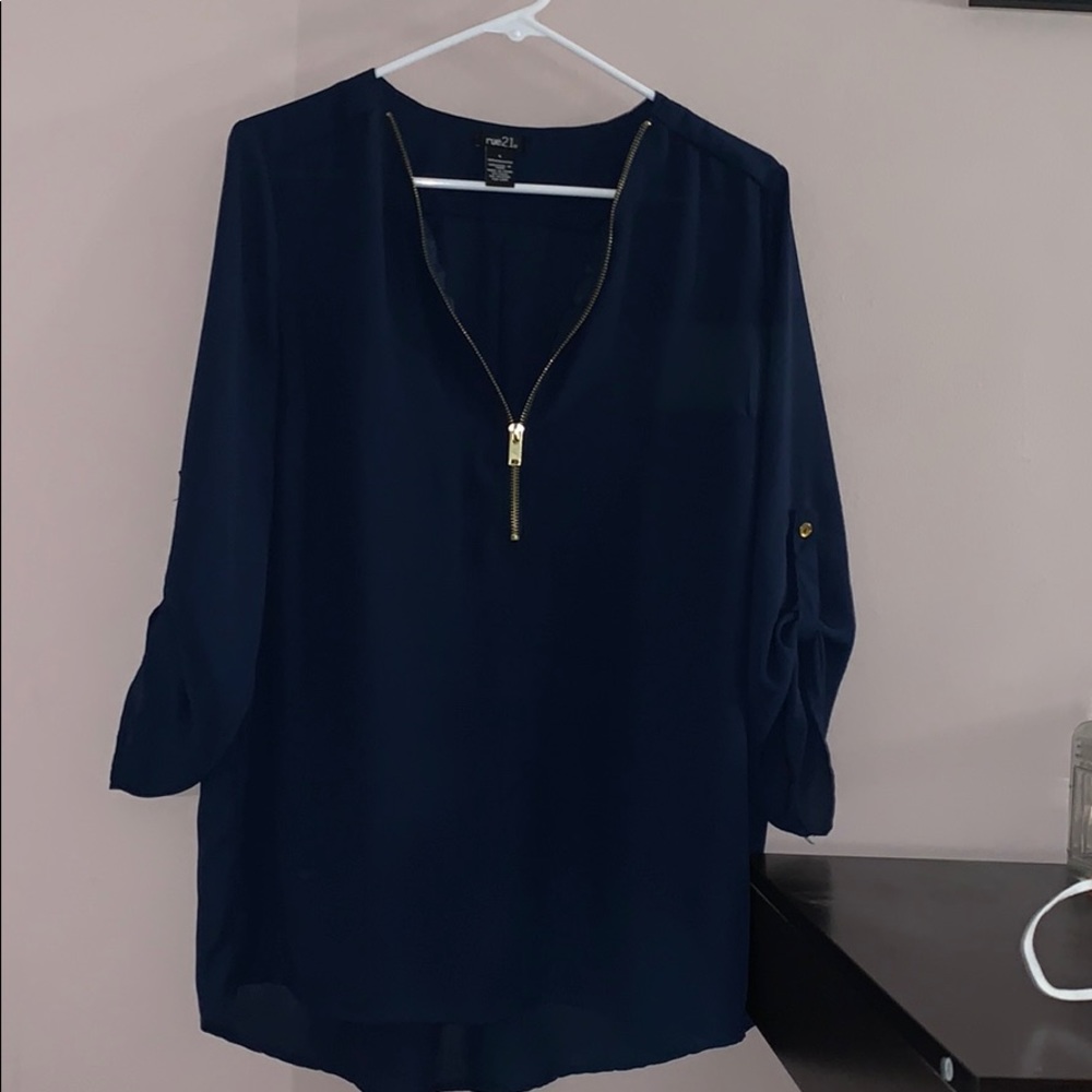 women’s navy blue blouse with 3/4 length sleeves